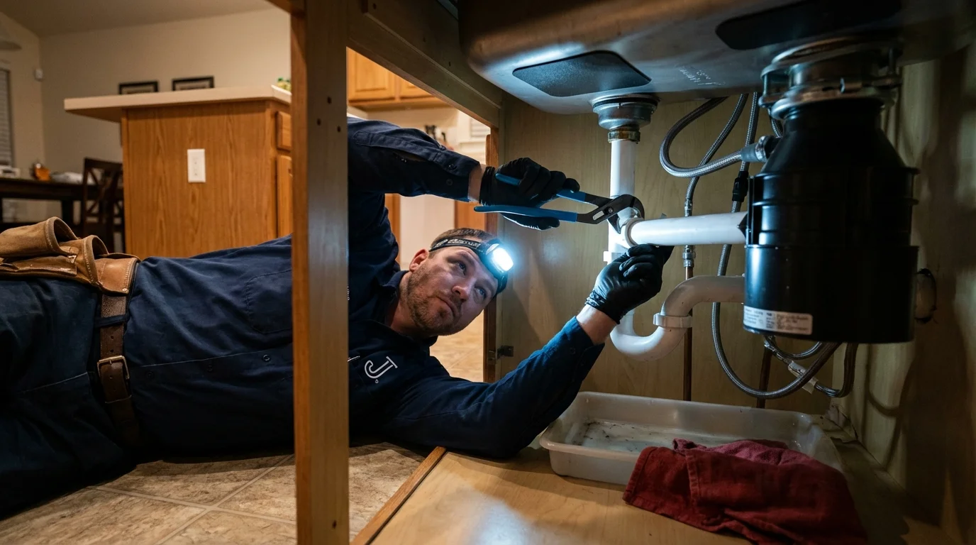 P-trap and supply line connections under a kitchen sink showing a common leak point in Spring Valley, MN